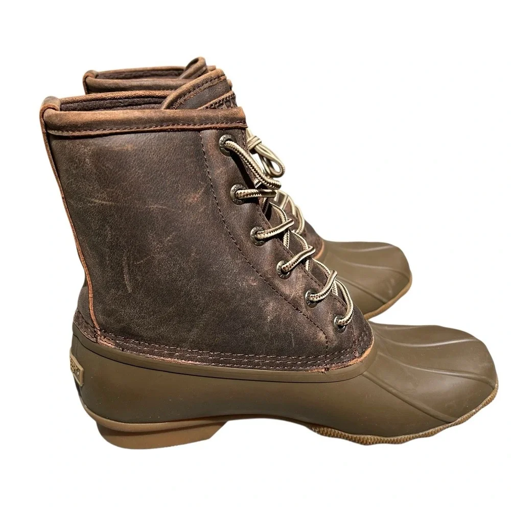 Sperry Duck Boots Mens 9 Brown Leather Rubber Rain Waterproof Lace EUC STS23705